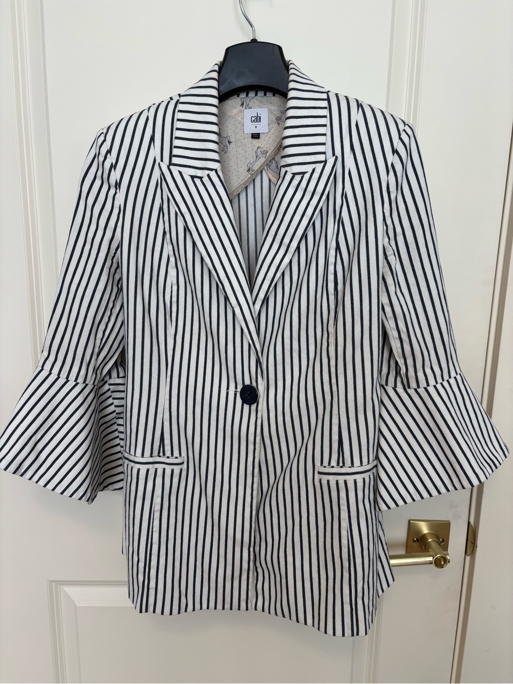 CAbi Blue and White Vertical Stripe Blazer with Flared Sleeves - Picture 1 of 5
